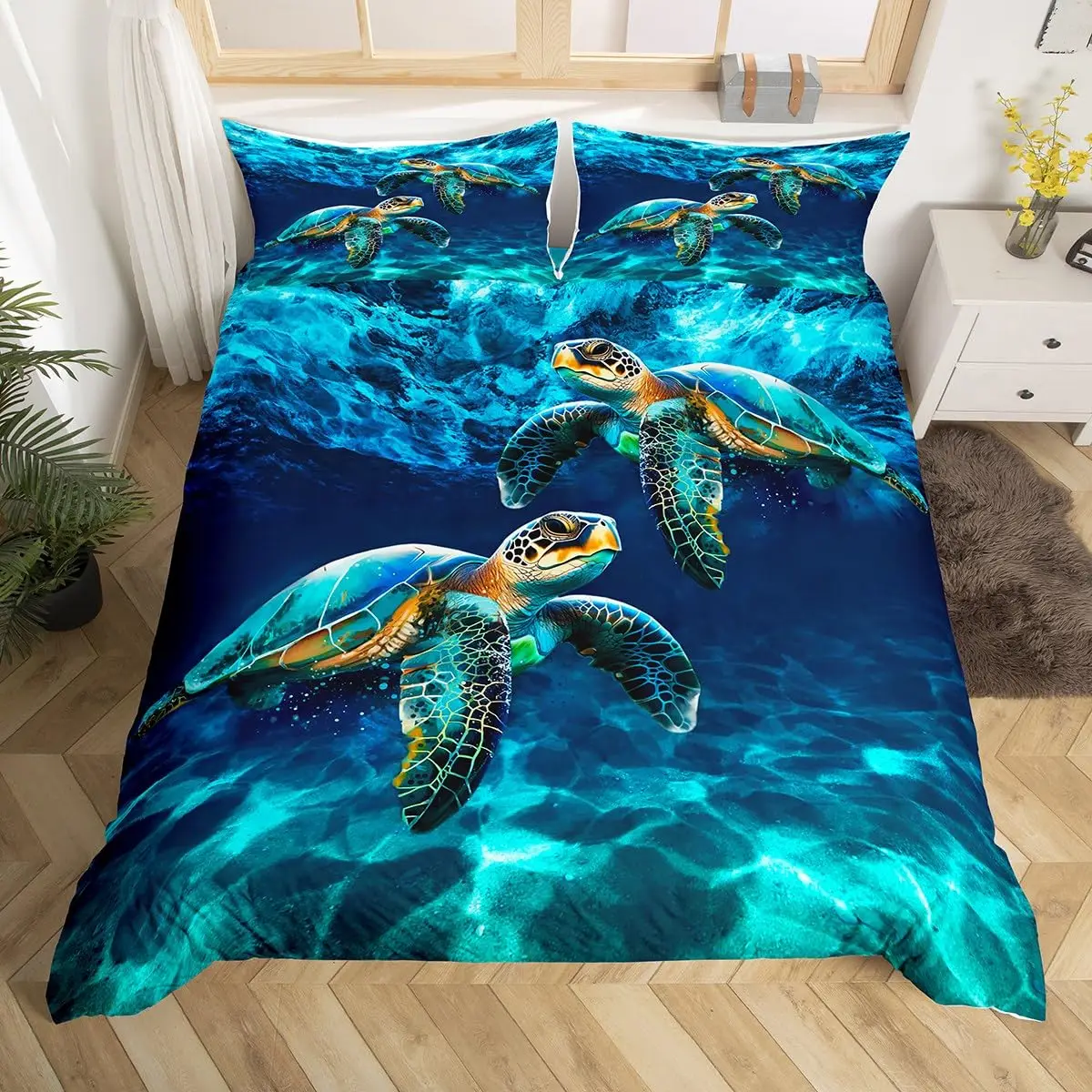 Sea Turtle Duvet Cover Full King Size,Tortoise Reptile Animal Bedding Set,Marine Life Comforter Cover,Hawaiian Ocean Quilt Cover