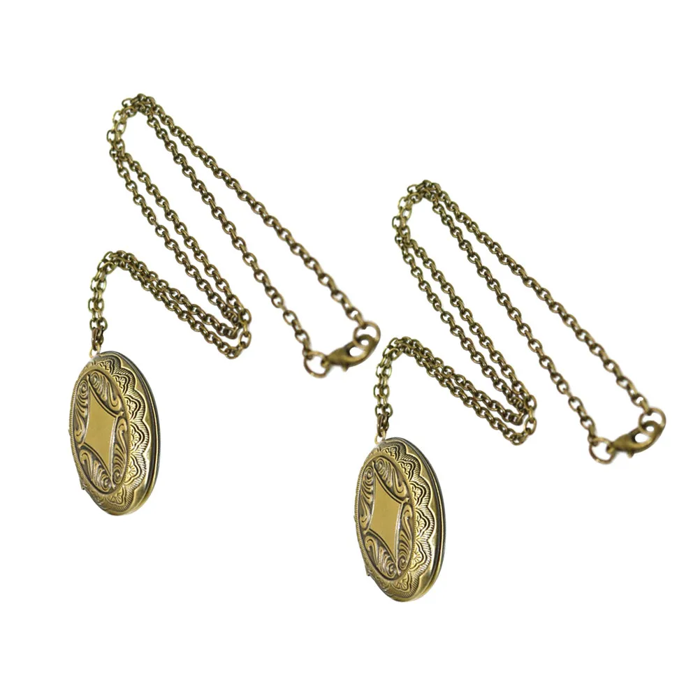 

2Pcs Bronze Oval Photo Locket Necklace Vintage Keepsake Pendant Engraved Jewelry Picture Charm for Women