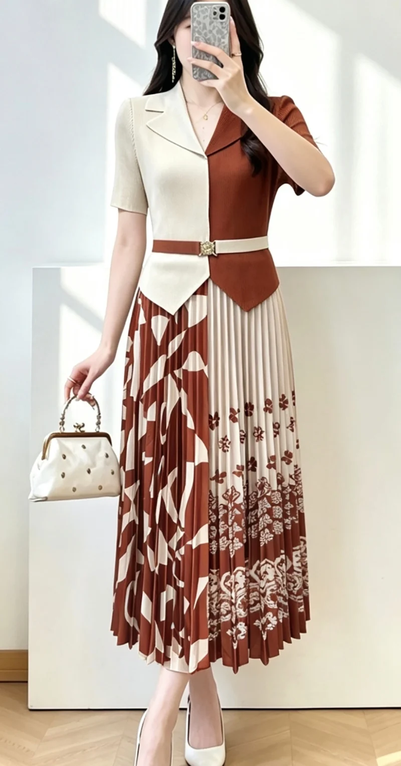 Miyake Pleated Dress Women Colorblock Knit Top Geometric Print Midi Skirt Belted Waist Elegant Office Lady Fashion 2026 New
