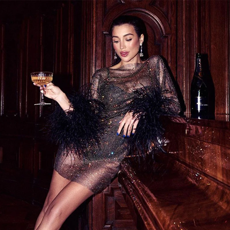 Spring Summers Dress Openwork Flash Yarn Dress Long Sleeve Perspective Party Nightclub Fashion Sexy Women Dress 2000s