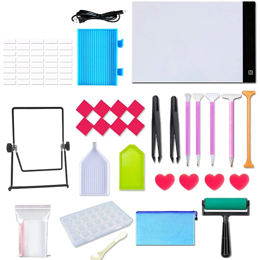 60 piezas de pintura de diamante A4 Kit de cojín de luz LED-tablero de luz de arte de diamante, con soporte desmontable y rodillo