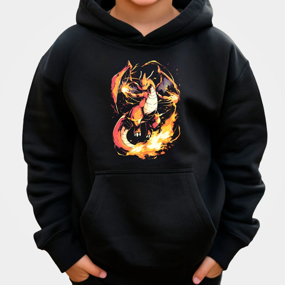 Pokemon Anime Charizard Sudadera con capucha de algodón Color negro con alas de llama de dragón naranja ardiente estampado frontal grande ajuste suelto