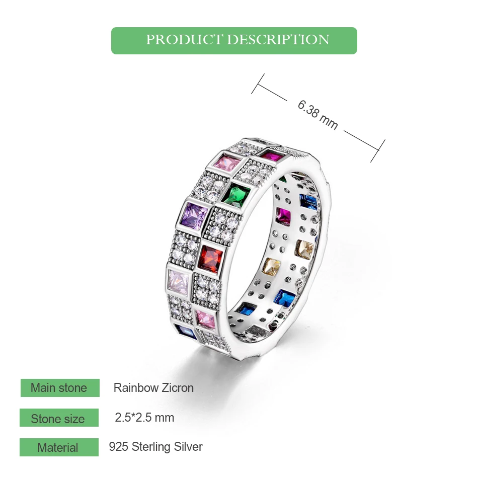 WES 925 Sterling Silver Rings for Woman Rainbow Colorful Crystal Zicron 2.5*2.5mm Party Wedding Christmas Gift Certified Jewelry