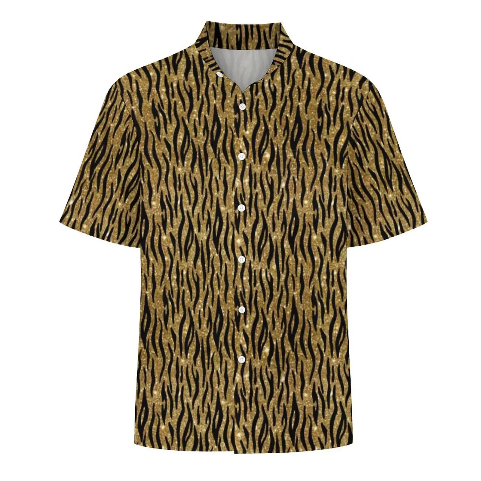 Glitter Tiger Skin Beach Shirt Black Gold Stripes Summer Casual Shirts Male Trendy Blouses Short Sleeve Street Graphic Clothing