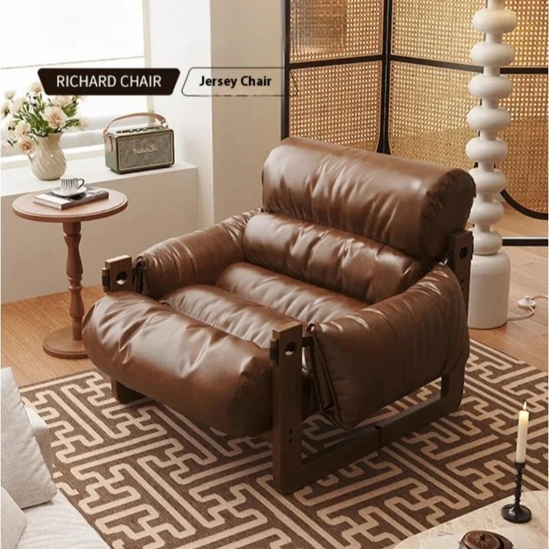 Solid wood frame Jersey Island sofa chair, retro style single sofa, living room antique oil wax leather sofa, casual lazy sofa