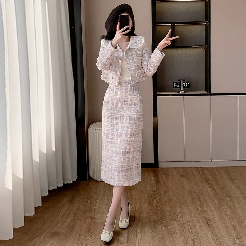 Autumn Winter Women Plaid Tweed Skirt Suits Beading Turn-down Collar Short Jacket And High Waist Long Skirt Two Piece Set