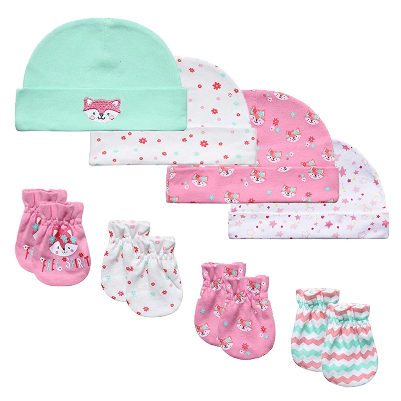 

Newborn 4Pcs Caps & 4Pairs Mittens Soft Cotton Fashion Style Infant Girl Baby Hats Gloves