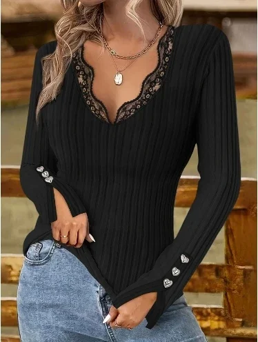 Women's Blouses Trend 2024 V-Neck Lace Patchwork Button Decoration Long Sleeved Top Women's T-Shirt Deals