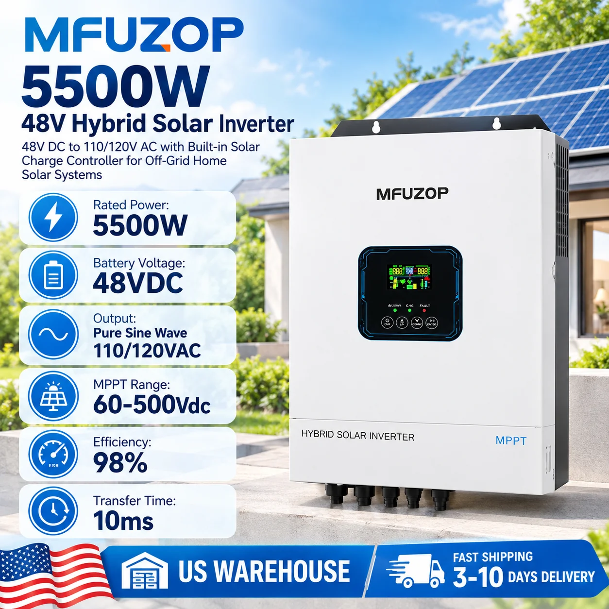 MFUZOP 5500W 48V Hybrid Solar Inverter, 48V DC to 110/120V AC with Built-in Solar Charge Controller for Off-Grid Home Solar Systems