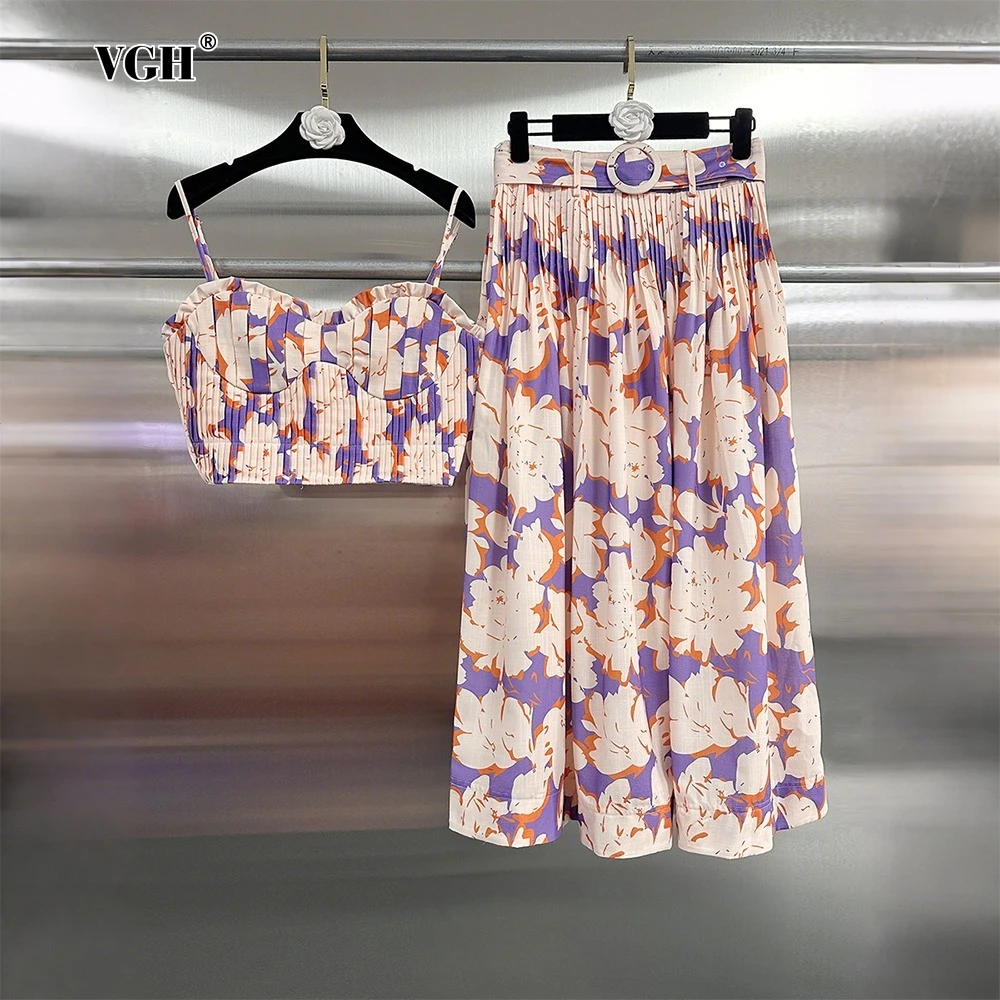 

VGH Colorblock Two Piece Sets for Women Square Collar Backless Tube Tops High Waist Beach Long Skirts Suits Female Summer New