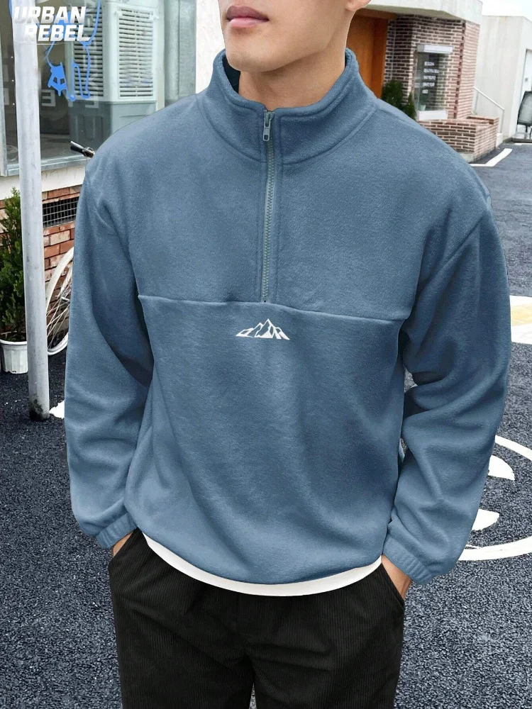 Minimalist Men's Loose Fit Fleece Sweatshirt With Mountain Embroidery  Half Zip Daily Leisure Long Sleeve Tops Hiking Streetwear