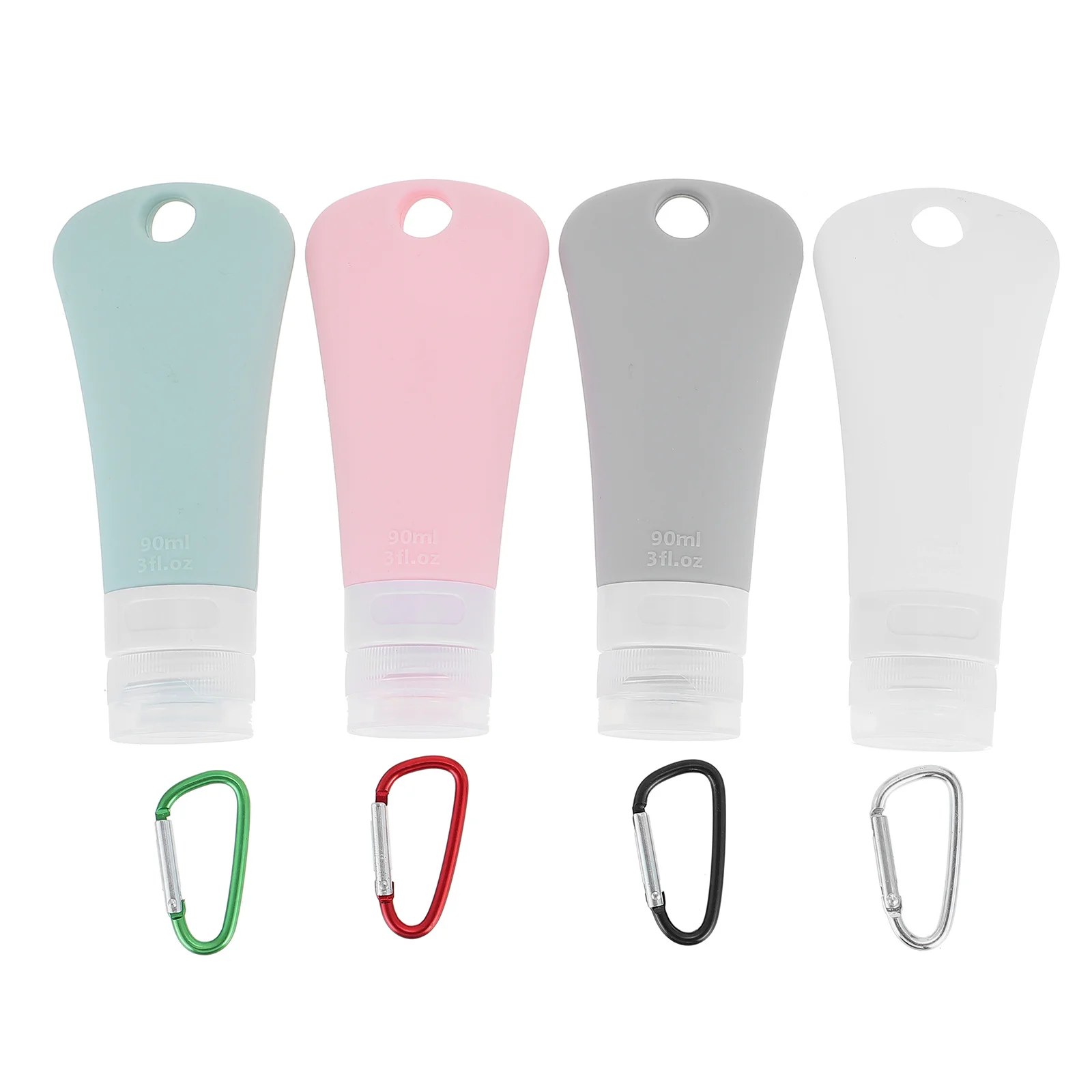 4 conjuntos de garrafas de viagem de silicone recipientes líquidos recarregáveis à prova de vazamento portátil pendurado gancho para chuveiro gel maquiagem