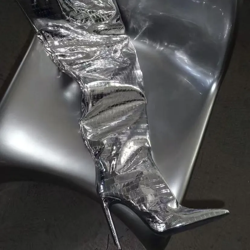 

Gold And Silver Fashion Catwalk High Boots Snake Pattern Crocodile Pattern High Heel Knee Boots Women's Show Pointed Toe Shoes