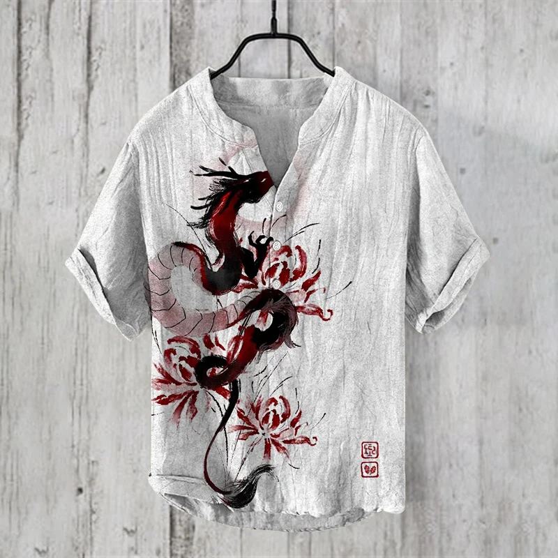 Summer men's retro noble dragon print European and American popular animal pattern short sleeved shirt