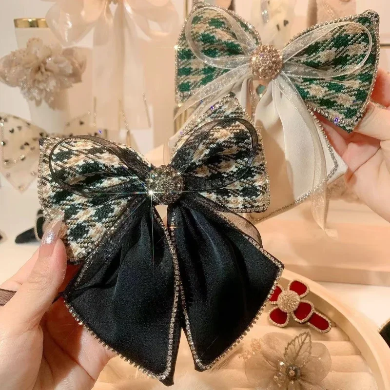 Tkanina w stylu Vintage łuk spinki do włosów Rhinestone Barrette zacisk sprężynowy moda kucyk nakrycia głowy szpilki do włosów dla kobiet akcesoria