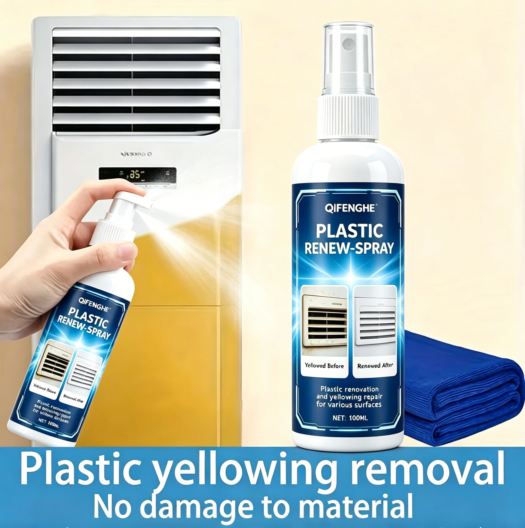 QiFENGHE 100ML Plastic Renew Spray Yellowing Repair Oxidation Remover Plastic Restorer Brightener for Home Appliances Car Plasti