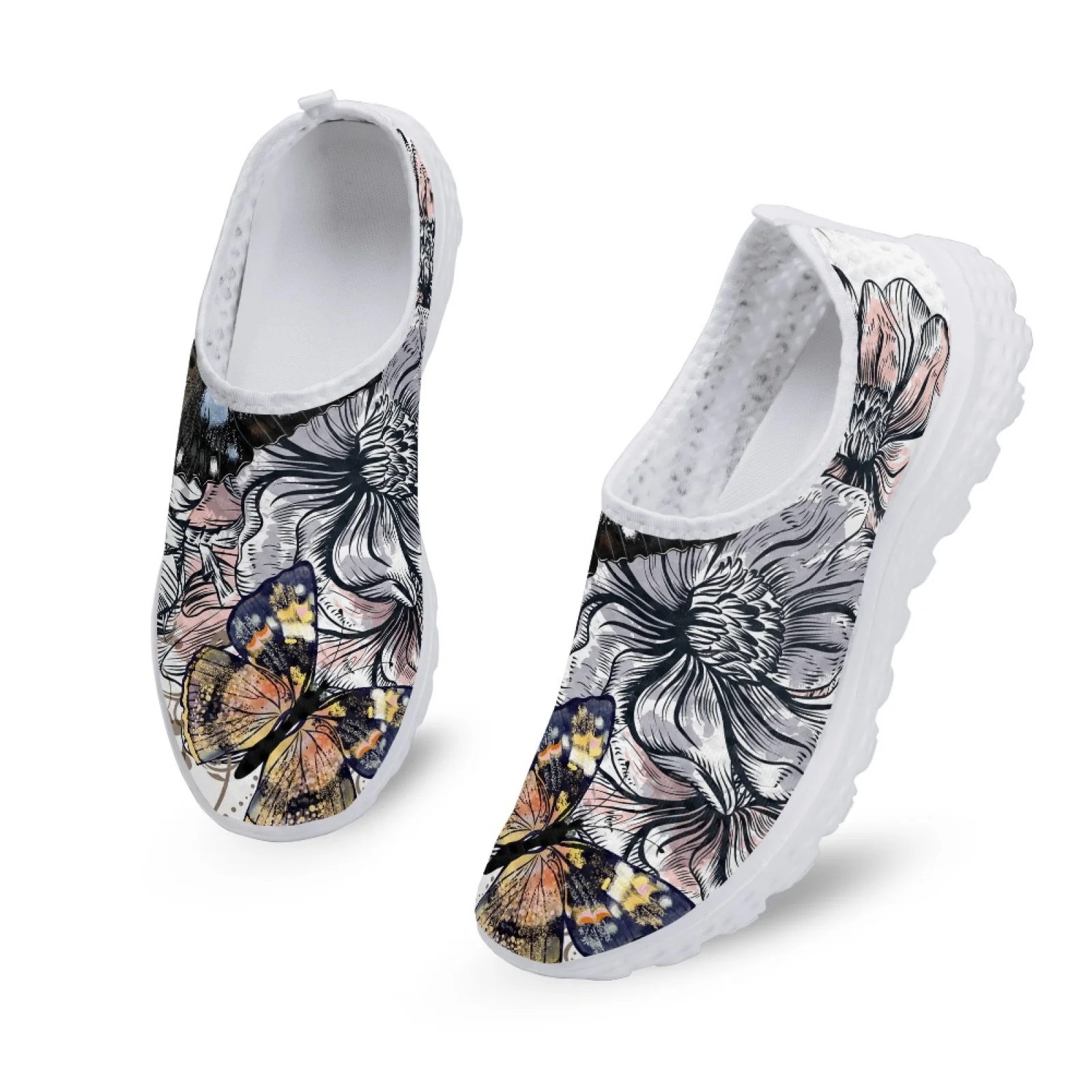 INSTANTARTS Boho Butterfly Loafers For Women Monarch Butterfly Comfortable Breathable Slip On Shoes Boho Flower Mesh Shoes Flats