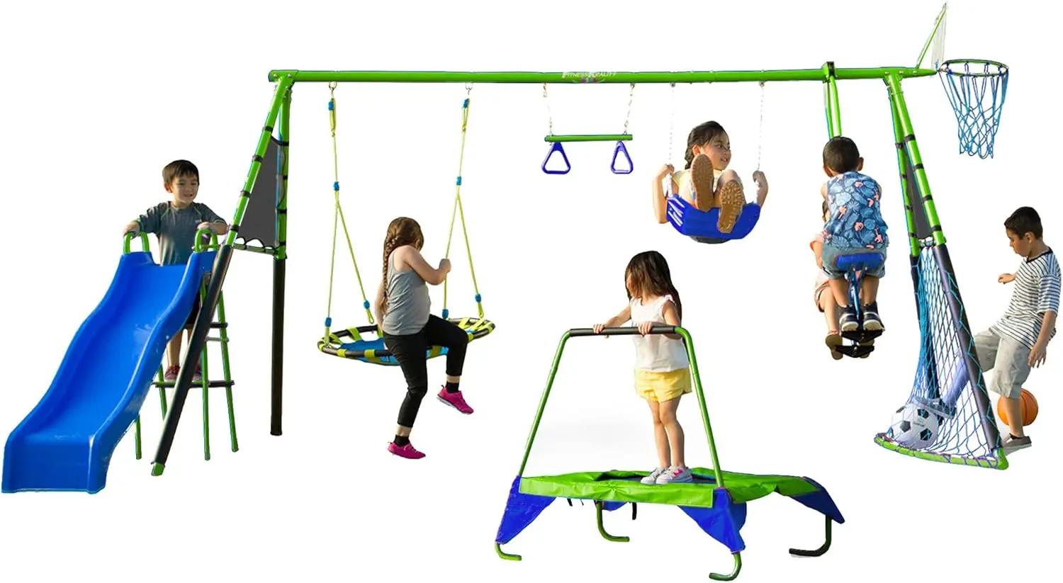 Series Outdoor 8-Station Playground Set - Comes with Swing Set, Slide, Monkey Bars, a Basketball Hoop, and More - 107.5