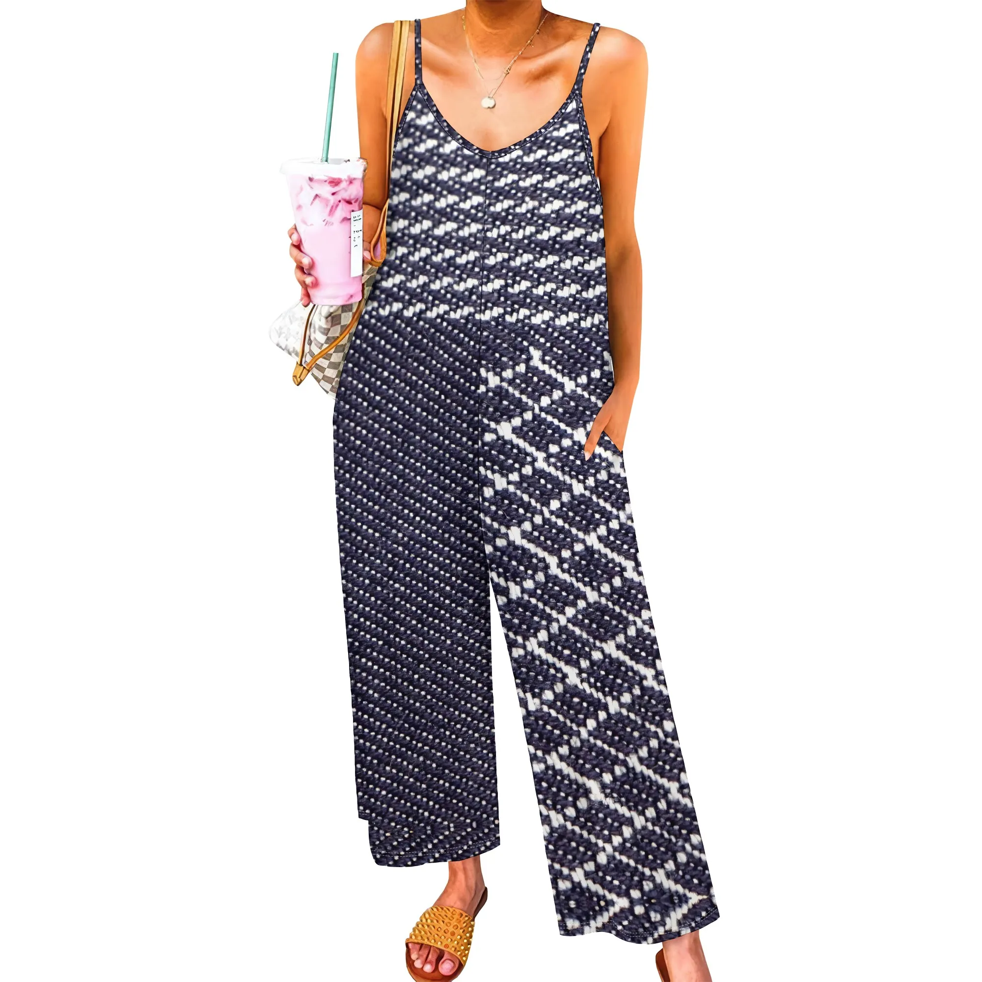 EQQZD Women's Grey Striped Spaghetti Strap Pocket Jumpsuit Polyester Straight-Leg Knee Beach Summer Bold