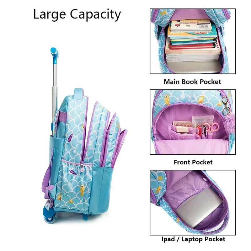 Children Rolling School Backpack Set Wheeled Schoolbag Kids Backpack with Insulated Lunch Bag and Pencil Case for Boys and Girls