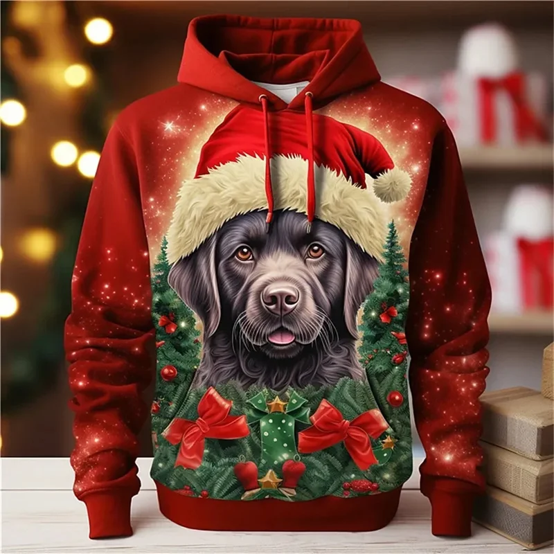 

Christmas Hat Pattern Hoodie For Men Funny Cat Dog 3D Printed Long Sleeves Casual Pullover Street Tops Hoodies Loose Sweatshirt