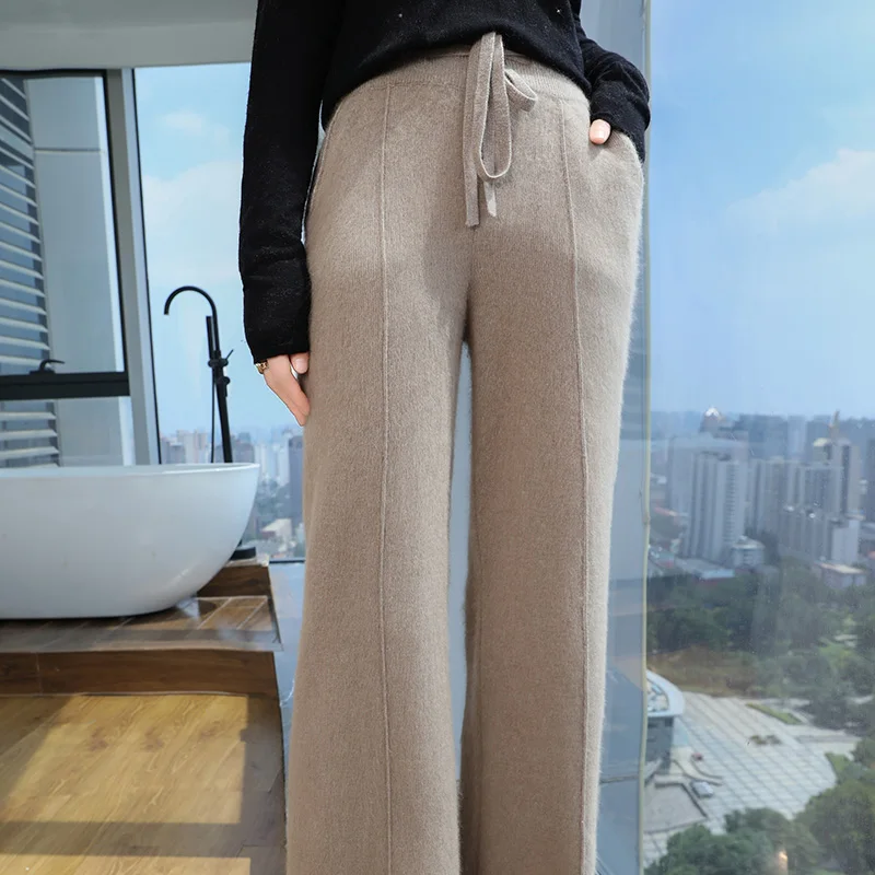 Autumn and winter new 100% mink cashmere ladies wide leg pants draw rope fashion loose warm knit casual straight leg pants