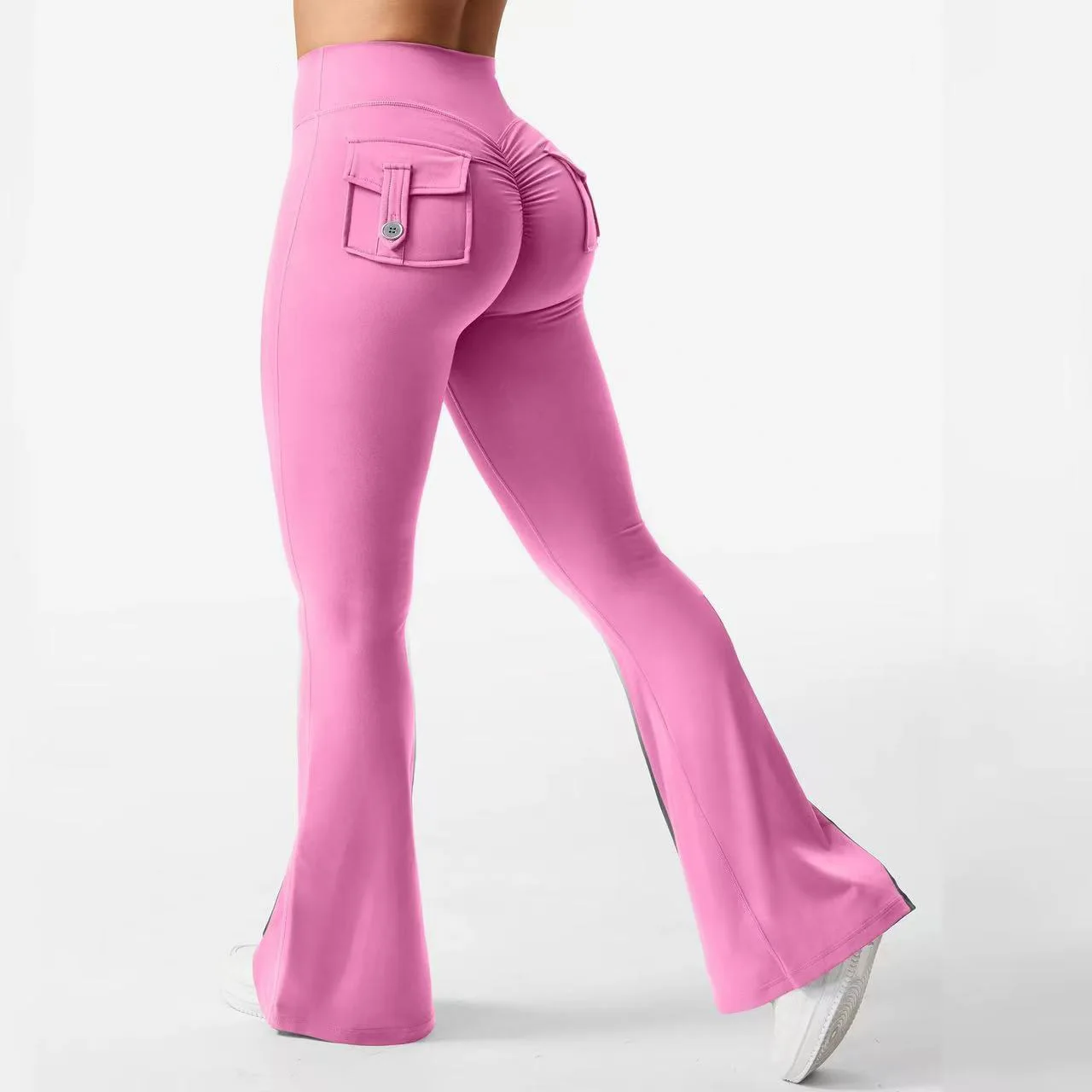 Damen Cargo-Taschen Flare Yoga-Hose mit hoher Taille, Po-Lifting-Effekt, dehnbare, schmale Bootcut-Leggings für Workout, Fitness, Sport und Freizeit – Detail 10