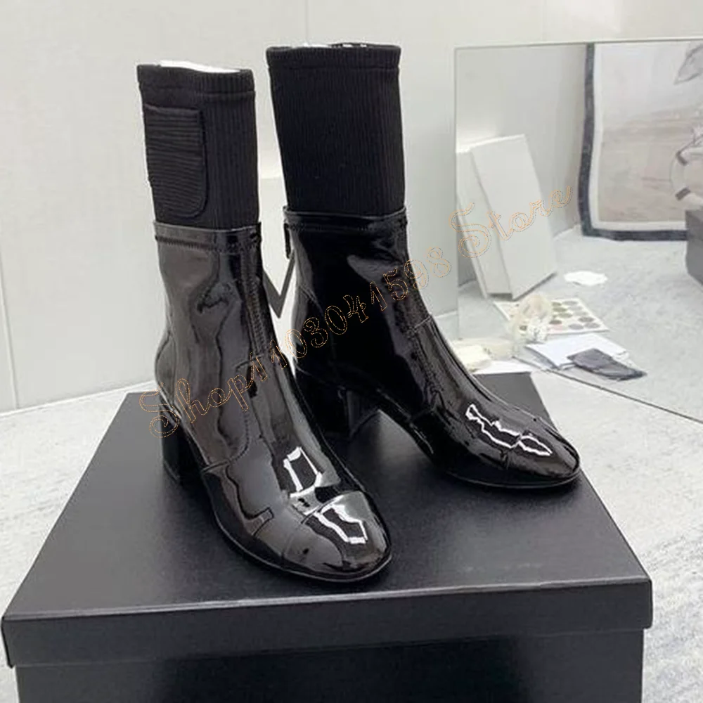

Black Patent leather Slip on Boots Chunky High Heels Sexy Mid Calf High Heel Shoes for Women Heels 2024 New Zapatos Para Mujere