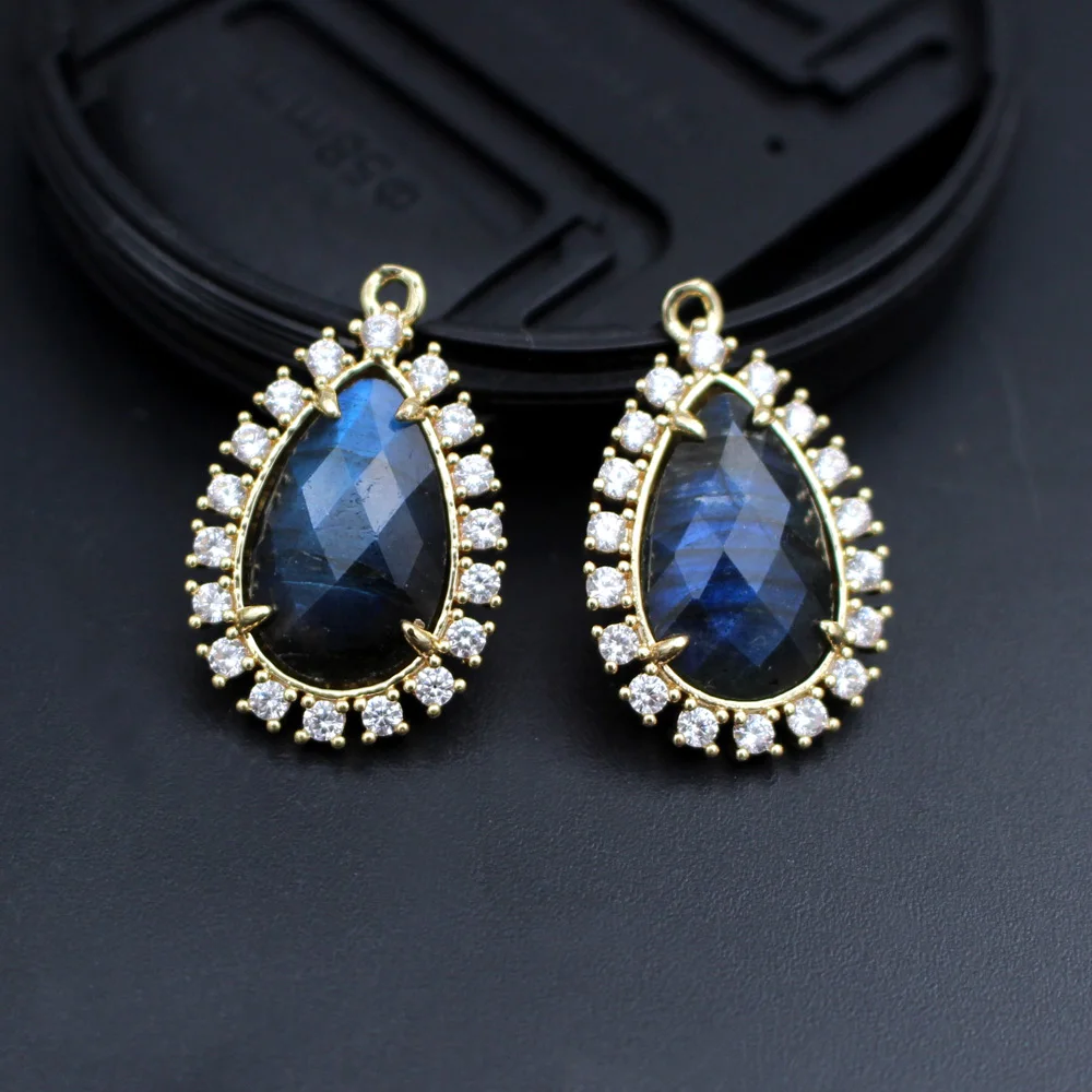 6pcs DIY Findings Women Jewelry Faceted CZ Teardrop Natural Quartz Blue Lapis Labradorite Stone Pendant Charms