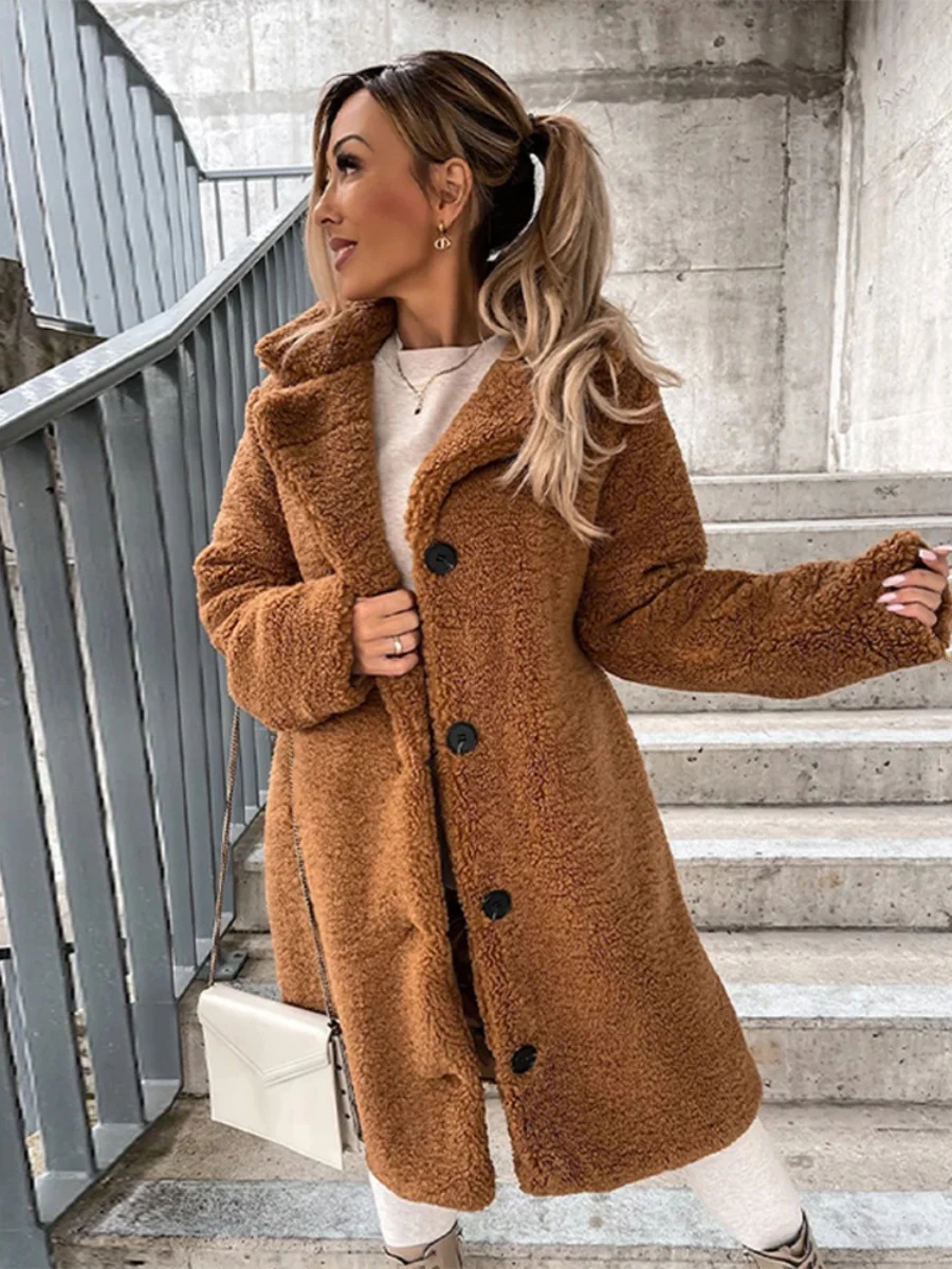 Cappotto lungo peloso Sve con risvolti Capispalla di media lunghezza Street Sle Chiusura con bottoni Vestibilità ampia oversize decorata