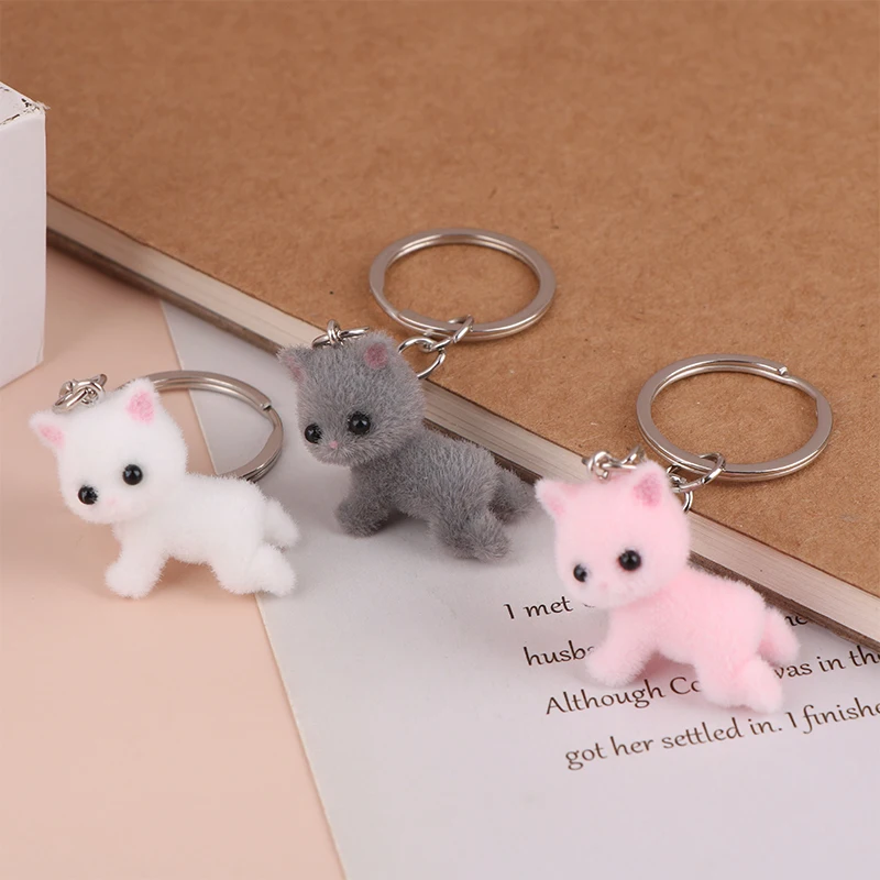 Cartoon 3D Flocking Lying Cat Keychain Cute Lying Down Kitten Animal Keyring Pendant DIY Backpack Charms Car Bag Decor Toy Gifts