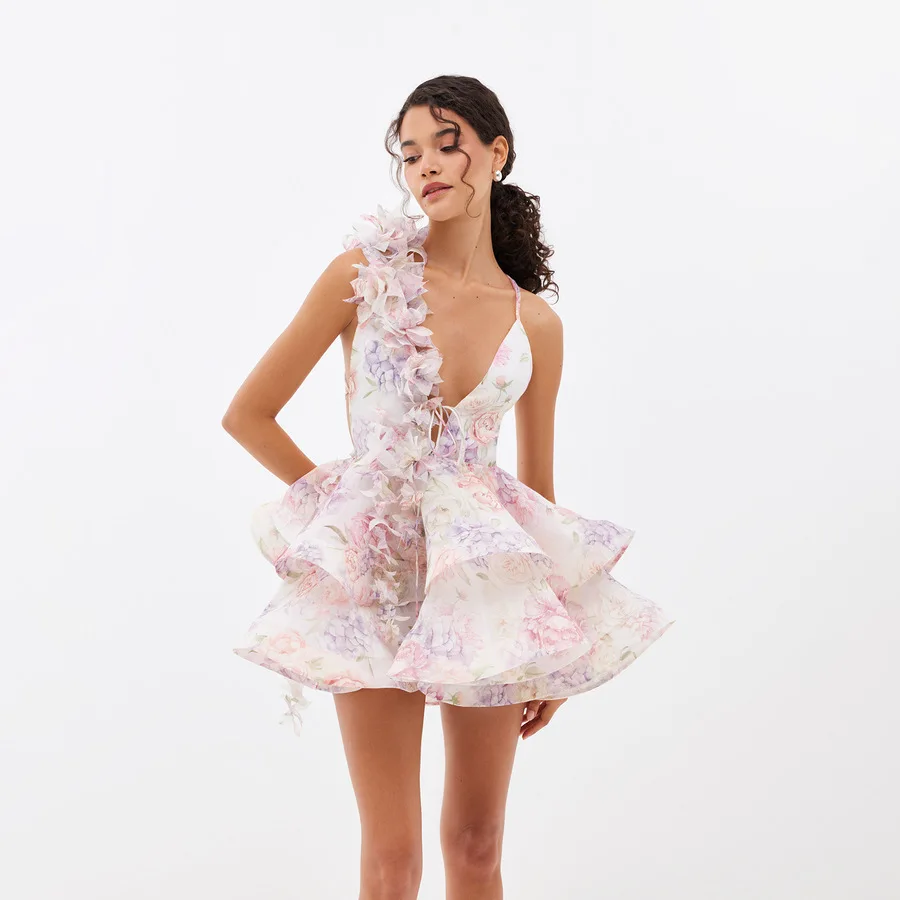 Abito corto gonfio floreale 3D Abito corto sottile con scollo a V senza schienale Mini abiti con stampa Sling Ruffles Abiti Boho Abito da festa da donna