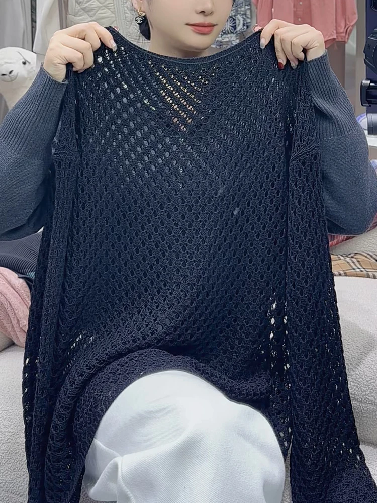 

Вязаный свитер Laid-ba в корейском стиле, лето 2025, свободный крой, с вырезами, стройнящий дизайн, для повседневной носки, модный, больших размеров