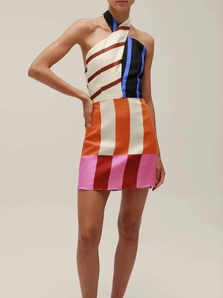 

New Backless Beach Style Ladies Dress Sleeveless Sexy Halter Lacing Up Mini Dress Women Summer Retro Print Sweet Party Dress