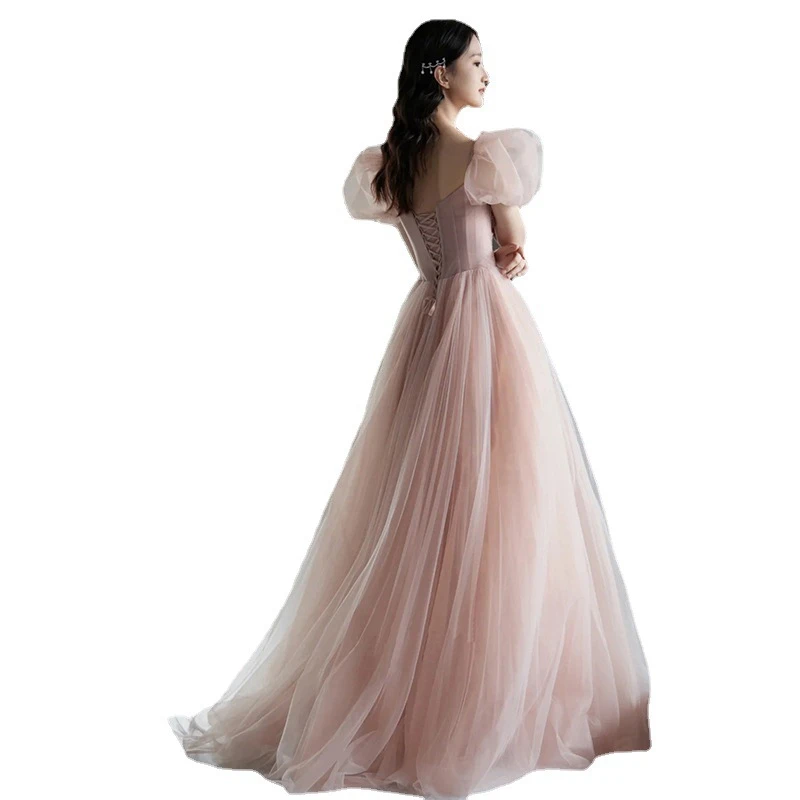 Robes de soirée en tulle rose personnalisées pour femmes, robes de Rh, robe de soirée, manches bouffantes chérie, hors de l'initiative, 2024