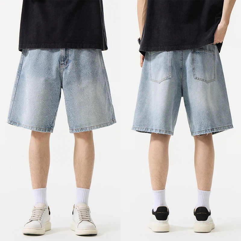 

Casual Men's Summer New Shorts Rhinestones Jacquard Washed Blue Loose Fit Fashion Streetwear Denim Knee Length Pants
