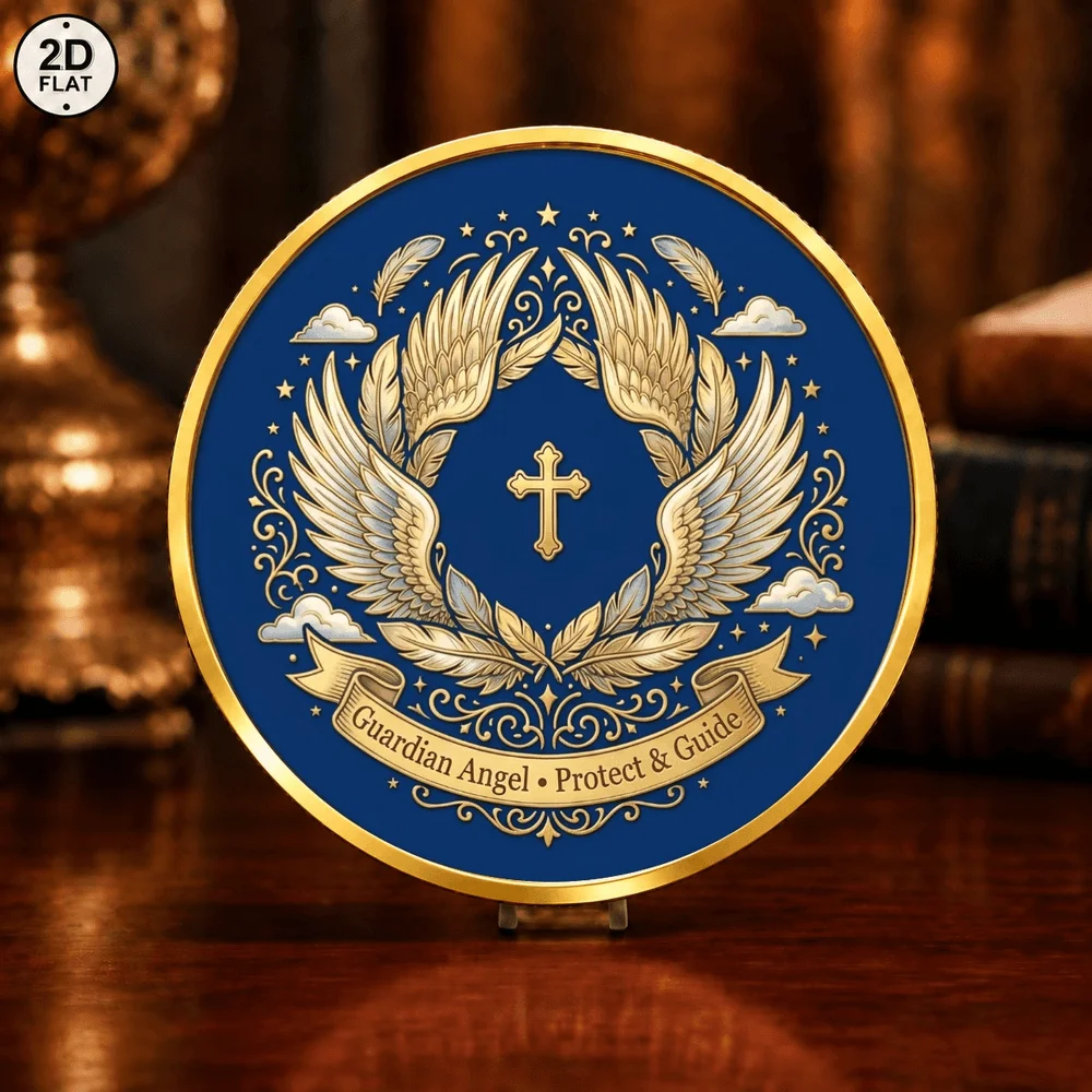 1pc Guardian Angel Protect & Guide Commemorative Coin Color Print Angel Wings Cross Challenge Coin Christian Faith Souvenir Gift