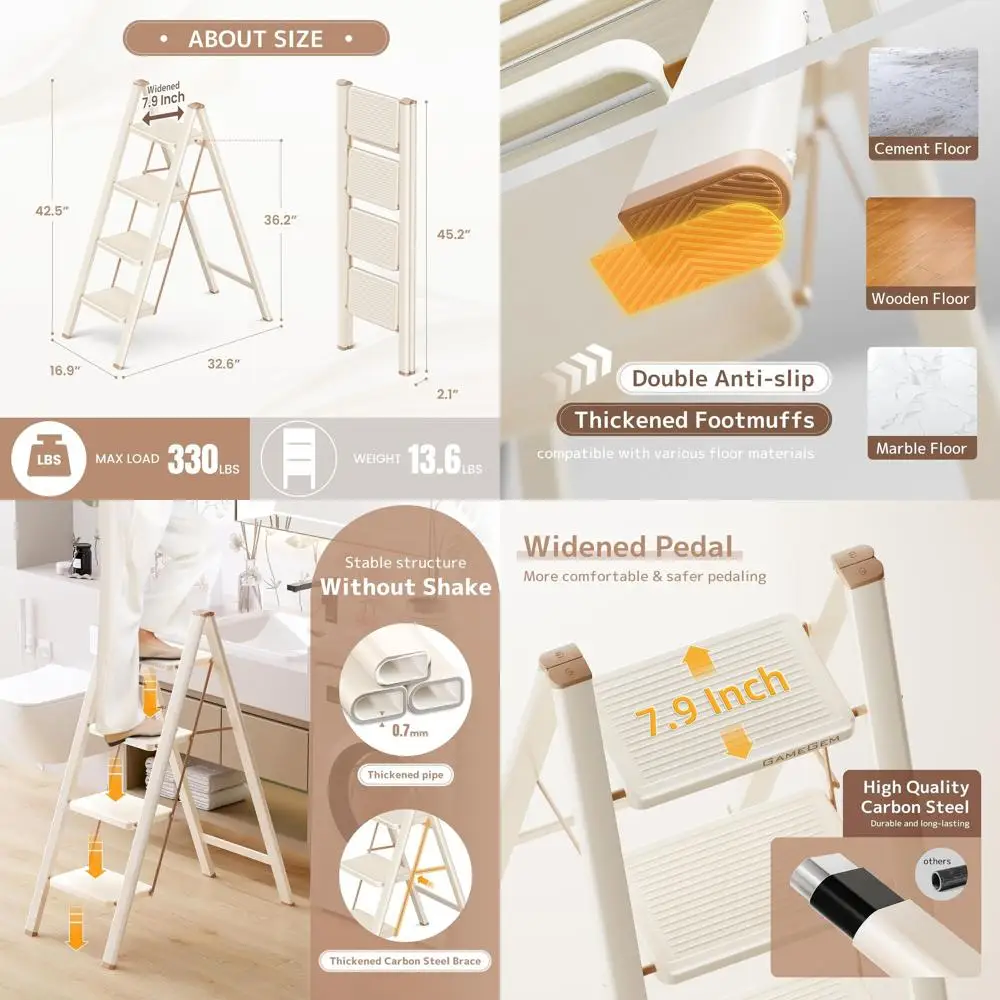 

Folding 4-Step Ladder with Anti-Slip Treads, 330lbs Weight Capacity, Portable for Home and Kitchen, Cream Chocolate