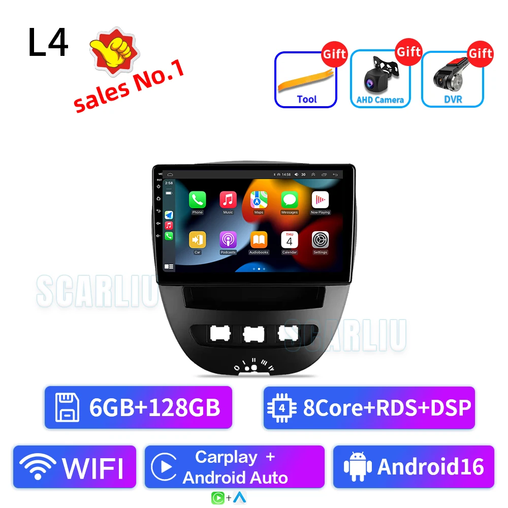 SCARLIU For Peugeot 107 Toyota Aygo Citroen C1 2005-2014 Multimedia autoradio WIFI Wireless Carplay Android Auto Car Radio