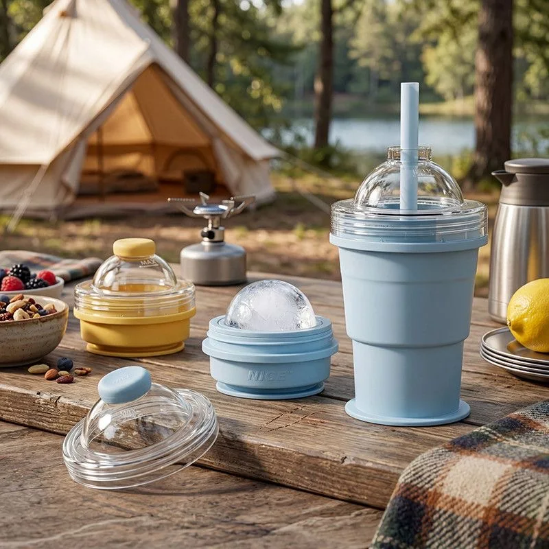 

Food-Grade Silicone Collapsible Ice Ball Cup with Built-in Straw, Portable On-the-go Water Cup, Ice Mold Cup for Summer Outdoor