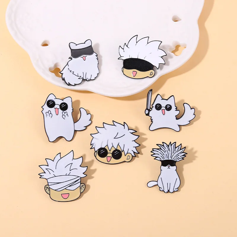 Jujutsu Kaisen Anime Action Figure Enamel Pin Gojo Satoru Cat Cartoon Peripheral Metal Badge Bag Denim Lapel Pin Accessories