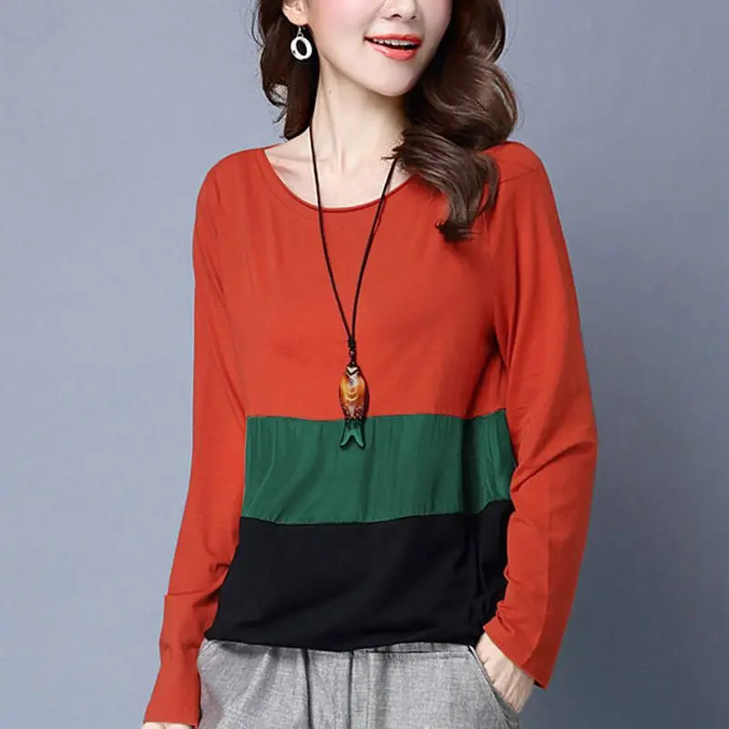 

Trend Long Sleeve Contrast Loose Street Casual Tops Spring Autumn New Plus Size Vintage T Shirts Fashion Harajuku Women Clothing
