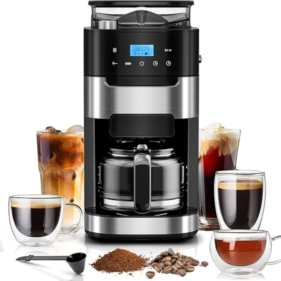 10-Cup Digital Drip Coffee Maker with Built-In Grinder 12-Hour Timer Programmable 1.5L Water Tank Keep-Warm Function Combo Brew