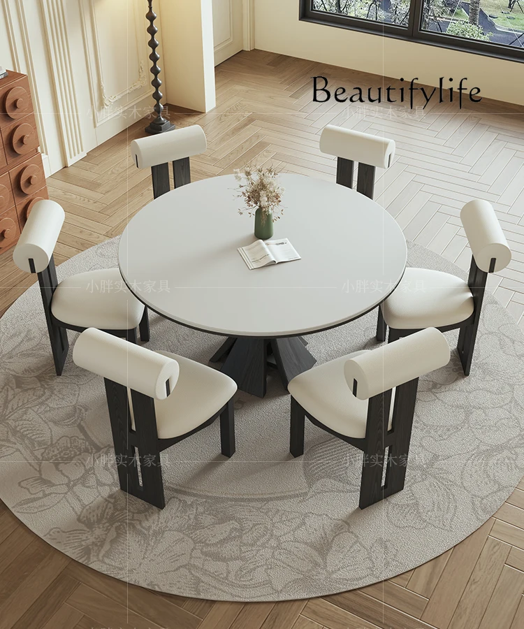 French medieval cream wind rock slab dining table household retro full support round solid wood dining table