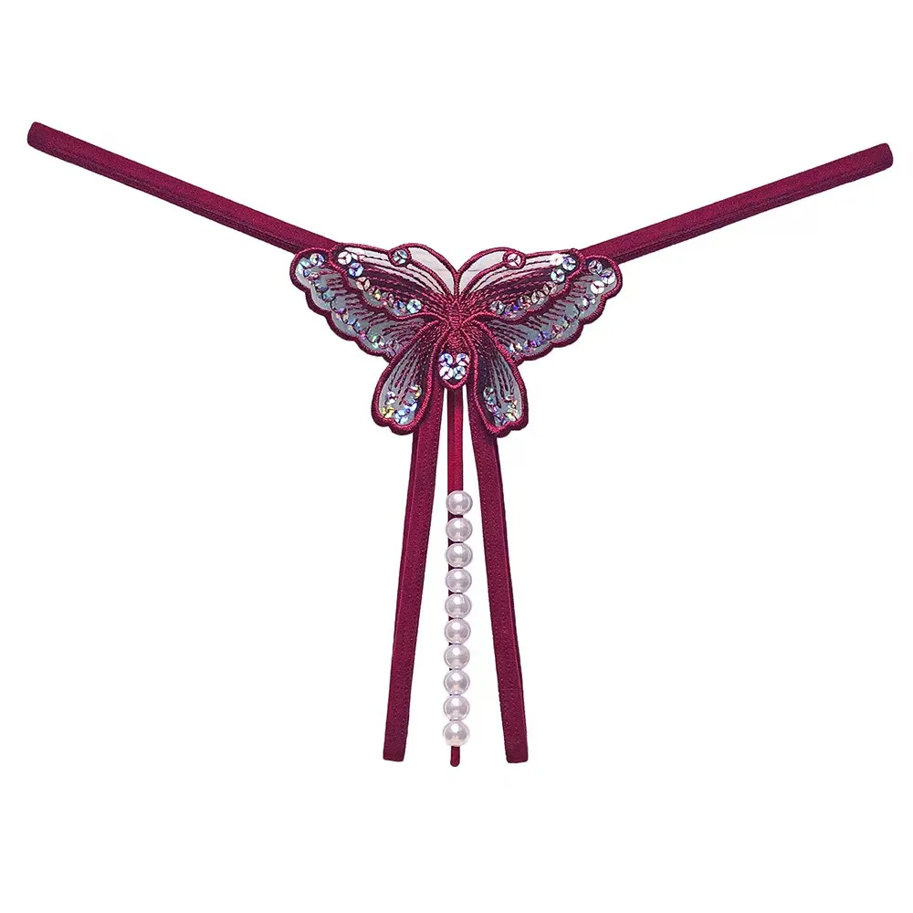 Butterfly sequins, erotic thong underwear, women's pearl thread, bead massage, open crotch underwear, sexy and tempting