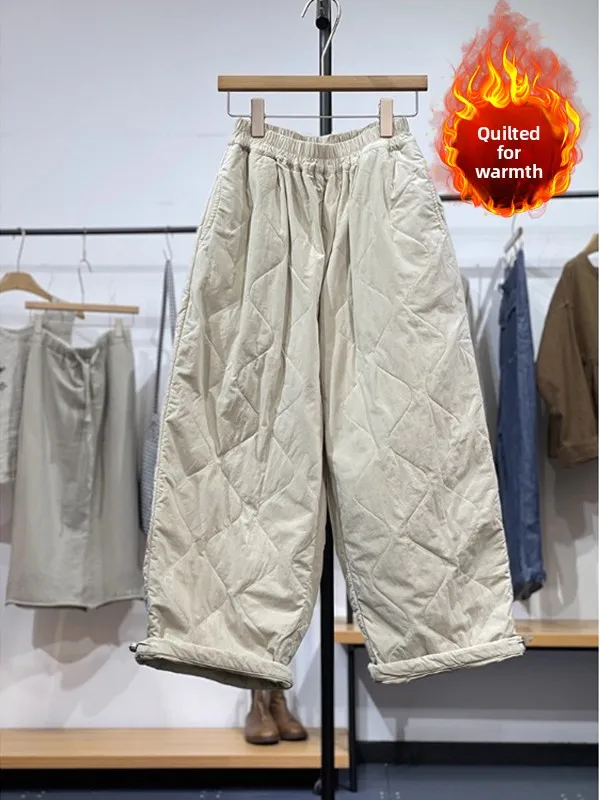 

Winter New Arrival Artistic Wide Leg Cotton Pants Elastic Waist Warm Filled Trousers plus Size Women Slimming Versatile Cotto...