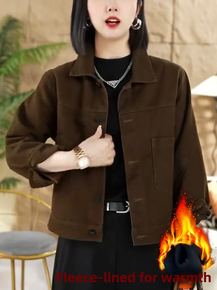 

Женская утепленная джинсовая куртка в стиле ретро с воротником, модная зимняя новинка, повседневная, свободного кроя, с длинными рукавами