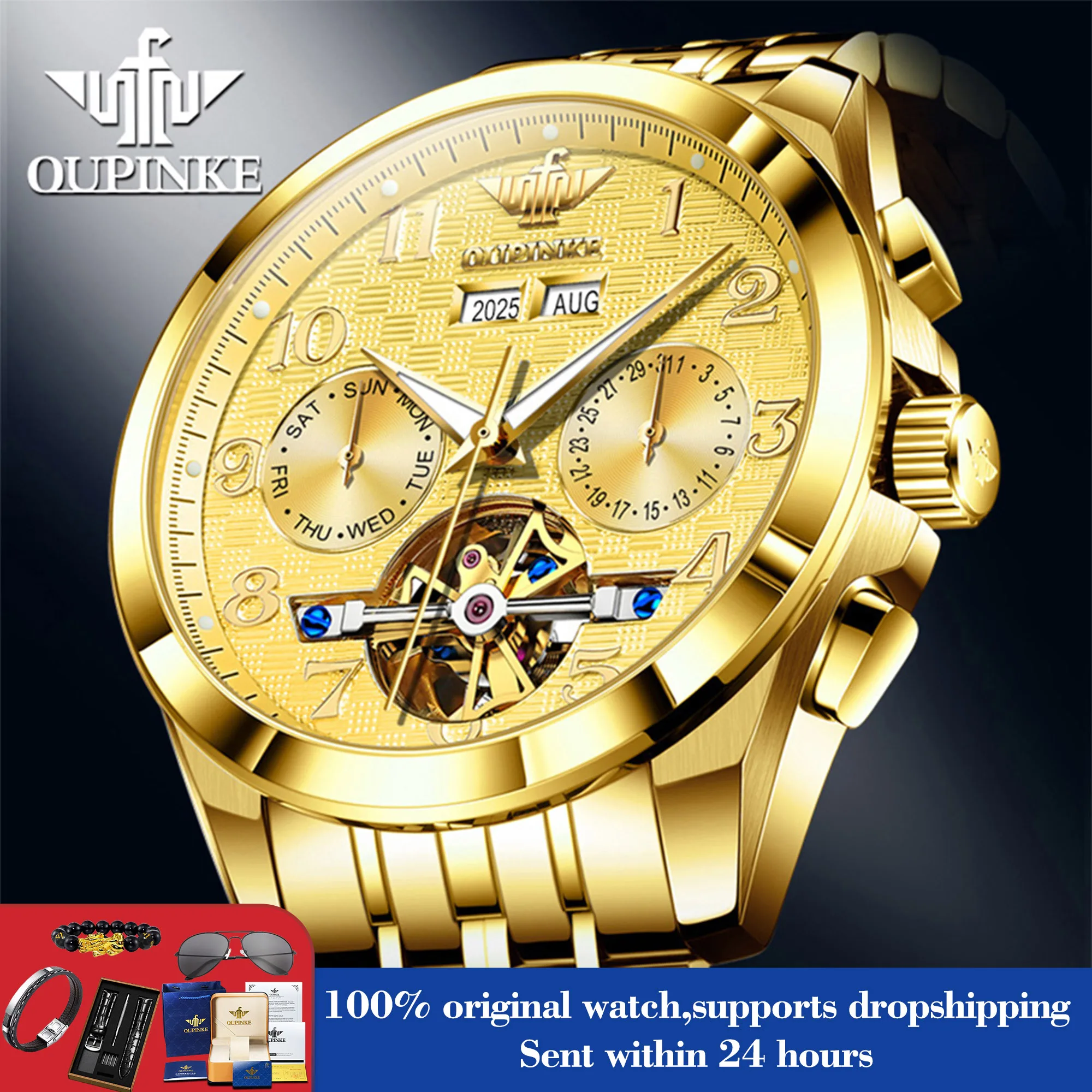 

OUPINKE 3263 мужские часы с номером, автоматические механические мужские ручные часы с полым скелетом и датой, 50 м, водонепроницаемые часы для мужчин