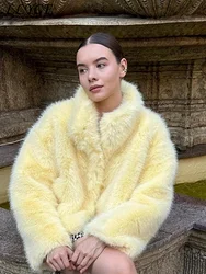 Elegant Faux Fur Coat Women Loose Fluffy Lapel Long Sleeve Female Furry Overcoat 2024 Winter Lady Thicken Yellow Street Outwear