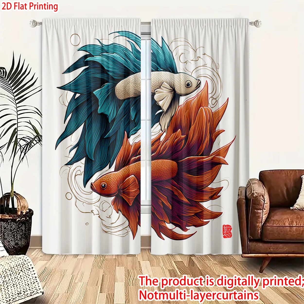 

Decorative Fish Print Curtain 2pcs Pair Tropical Aquatic Window Drapery Panels for Living Room Bathroom Home Decor